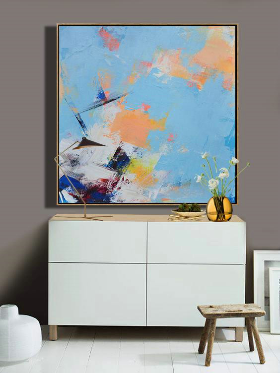 Large Abstract Painting,Palette Knife Contemporary Art Canvas Painting,Big Living Room Decor,Sky Blue,Yellow,White,Dark Blue.etc